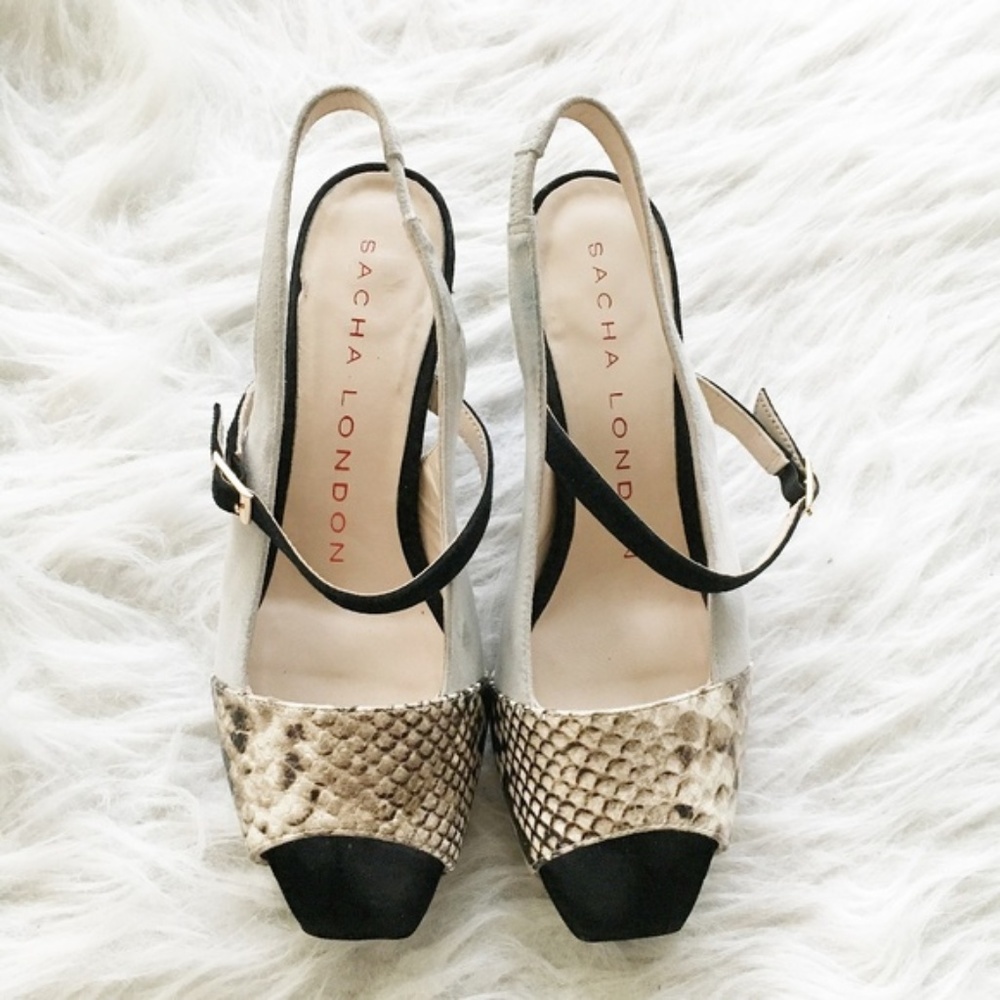 Sacha London Neutral Snake-Print & Black Slingback Heels